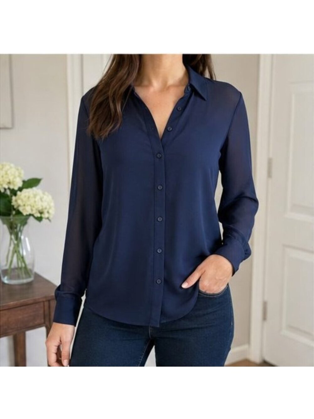 Navy Puff Sleeve Top